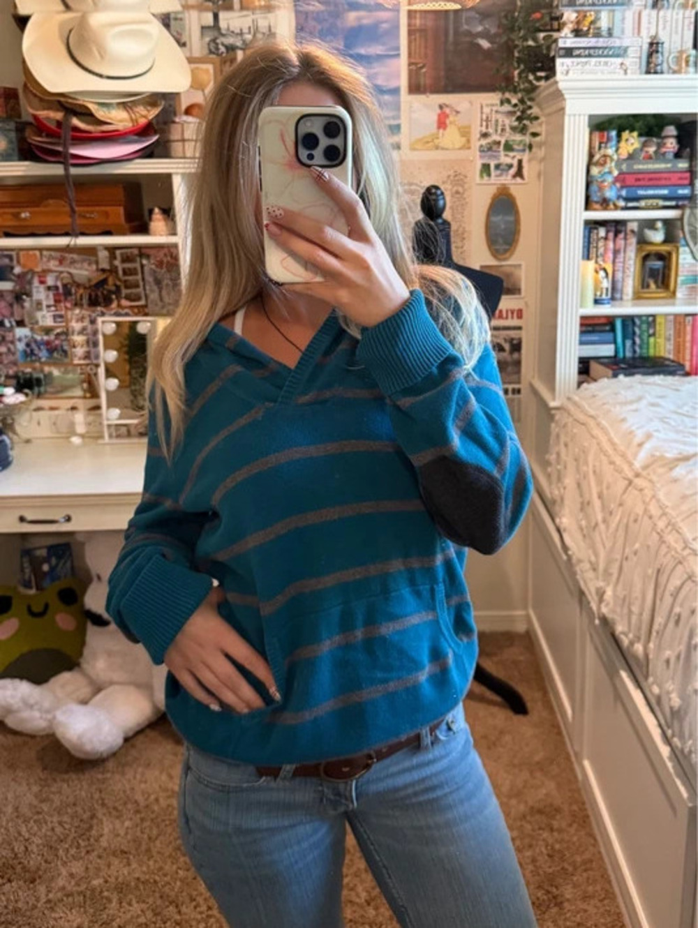 Tommy Hilfiger Teal Brown Striped Hooded Cotton Sweater Elbow Patch Size L